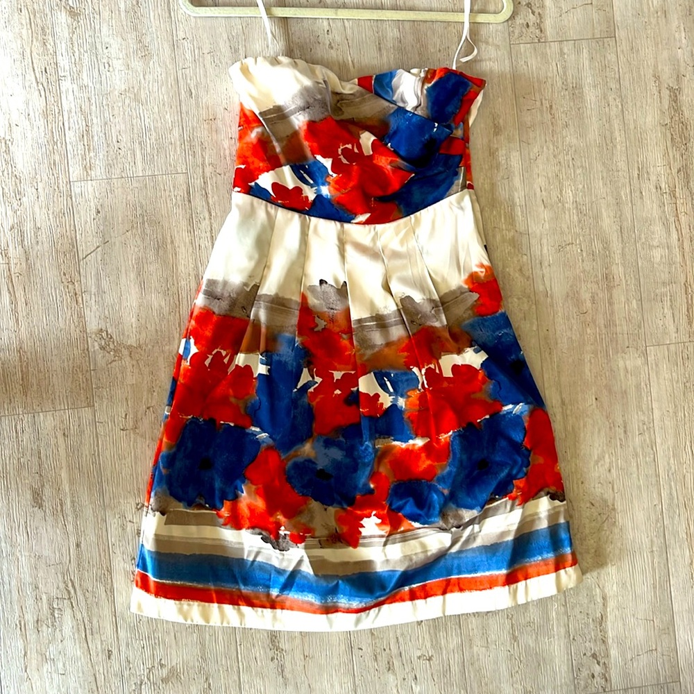 Water color cream orange red blue strapless dress